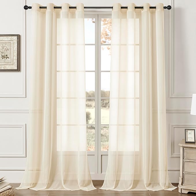 Stripe Beige Sheer Curtains 108 inch Length 2 Panels by MISSTIAM
