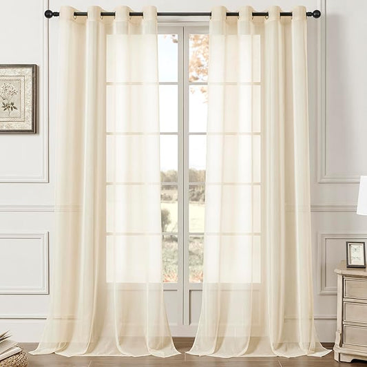 Stripe Beige Sheer Curtains 108 inch Length 2 Panels by MISSTIAM