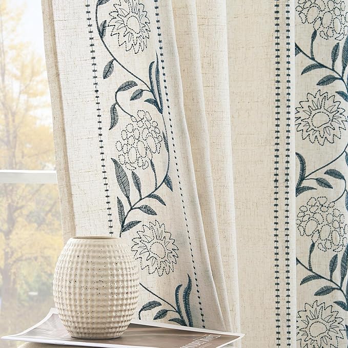 jinchan Winslow Linen Curtains for Bedroom 72 Inches Length Embroidered by JINCHAN