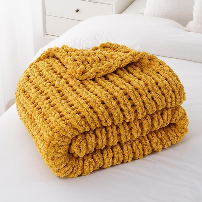 Battilo Mustard Yellow Chunky Knit Throw Blanket, Soft and Thick Chenille Throw - Image 6