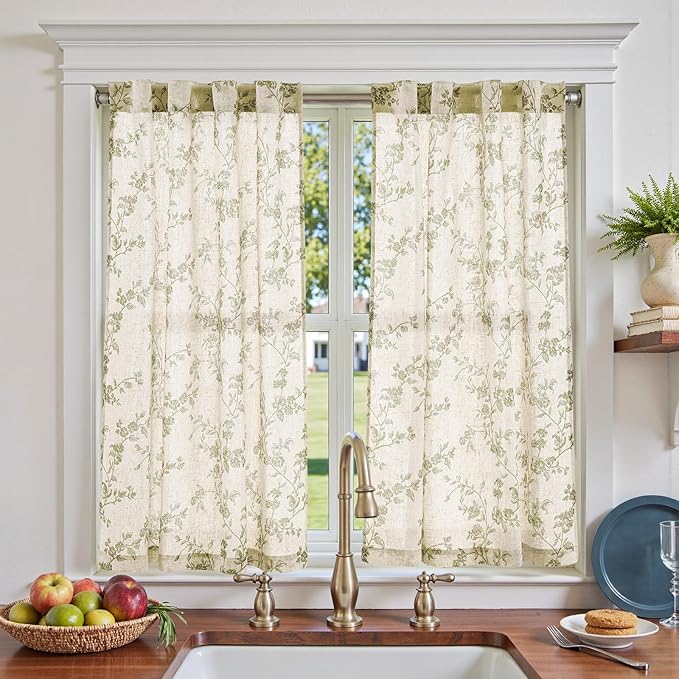 jinchan Floral Kitchen Curtains 45 Inch Linen Tier Curtains Christmas Decor by JINCHAN