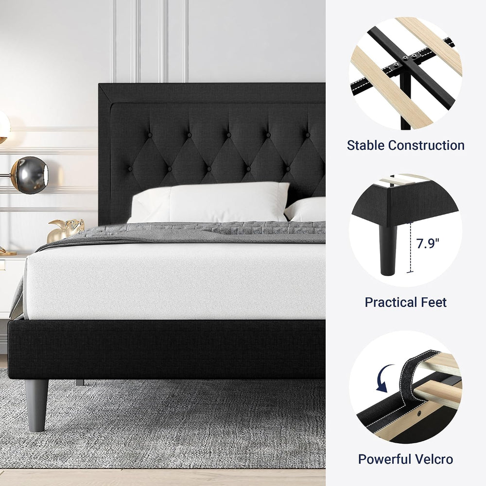 Allewie Queen Size Upholstered Platform Bed Frame with Adjustable Headboard, ...