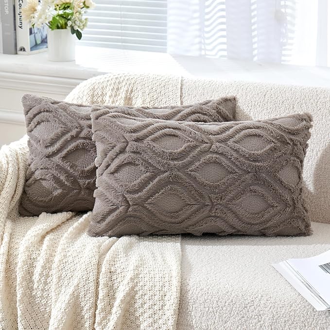 MIULEE Dark Grey Throw Pillow Covers 12x20 Inch, Soft Winter Plush Faux Wool by MIULEE