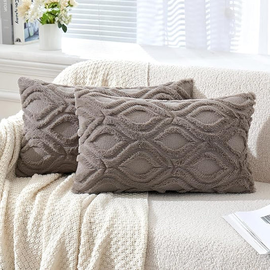 MIULEE Dark Grey Throw Pillow Covers 12x20 Inch, Soft Winter Plush Faux Wool by MIULEE