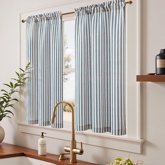 jinchan Striped Linen Kitchen Curtains 45 Inches Length Tier Curtains Farmhouse - Image 2