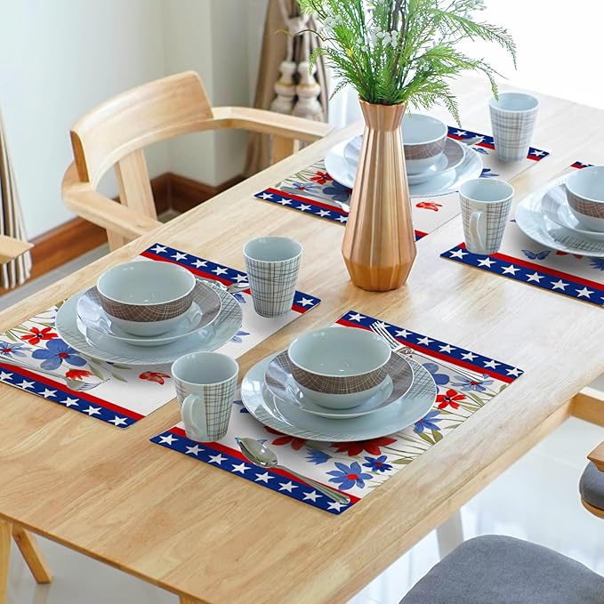 Giwawa 4th of July Placemats Set of 4 Watercolor Patriotic Flowers Stars Table - Image 6