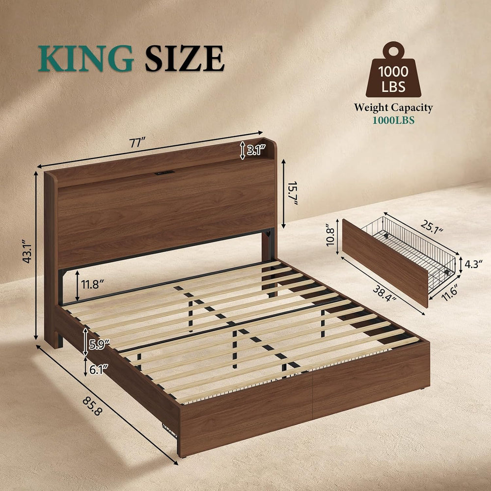 King Size Bed Frame with Storage Headboard & 2 Drawers, Mid-Century Moder...