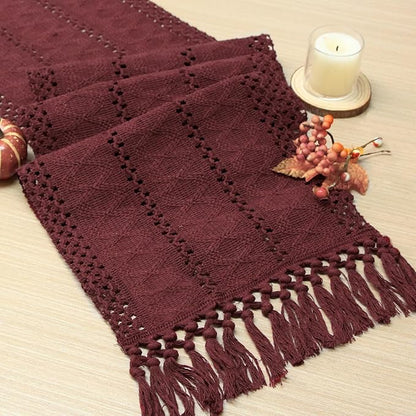 Burgundy Red Table Runner with Tassels 90 Inches Long by FEXIA