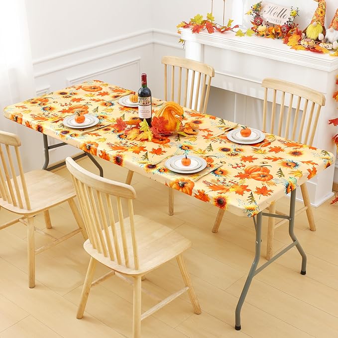 Smiry Plastic Thanksgiving Tablecloth, Sunflower & Pumpkin Wipeable Flannel - Image 8