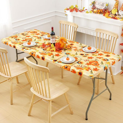 Smiry Plastic Thanksgiving Tablecloth, Sunflower & Pumpkin Waterproof Elastic - Image 8