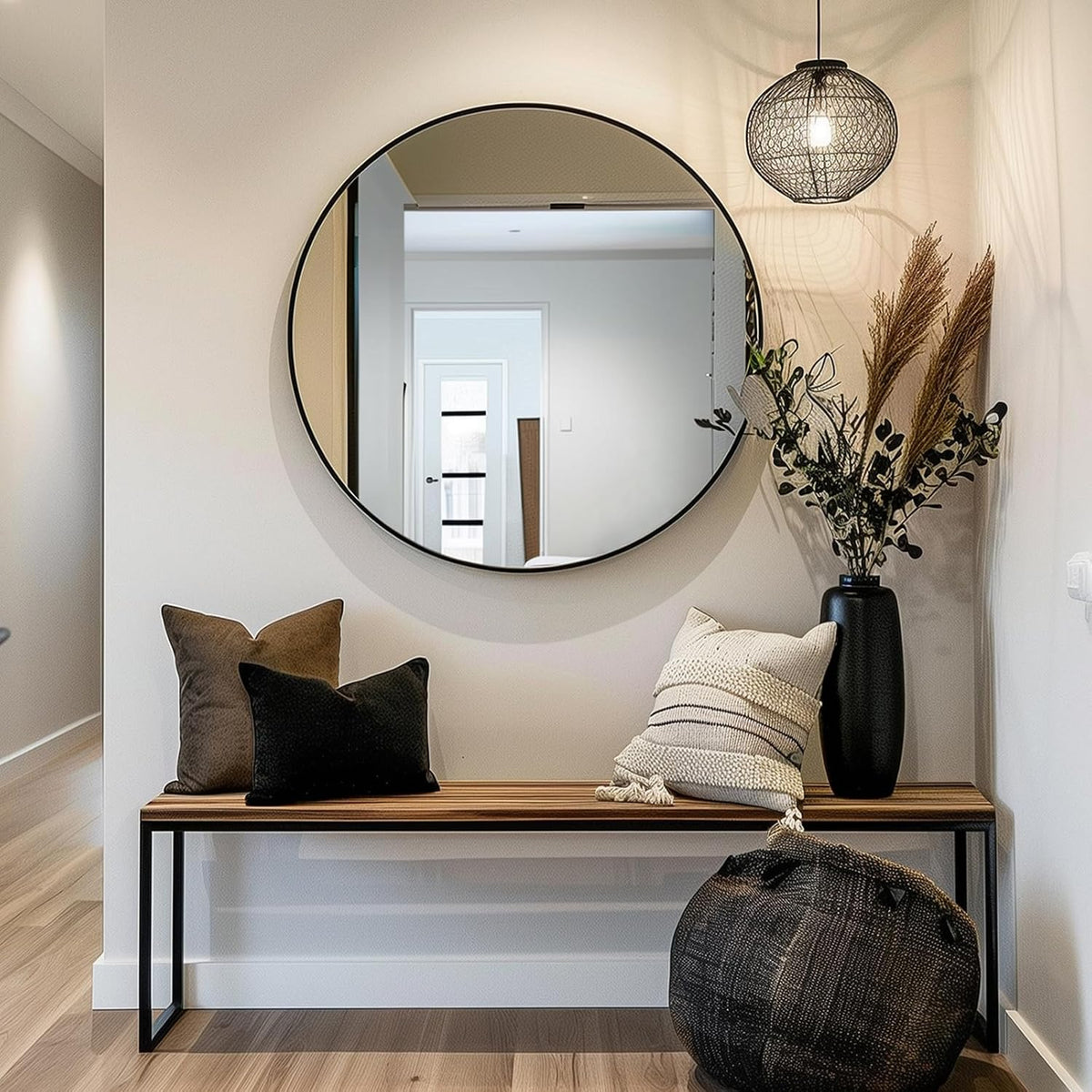 sunniry black round mirror, round mirror 24 inch, side view