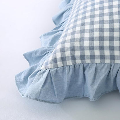 Blue White Plaid Euro Pillow Shams 2 Pack Ruffle Pillowcases, Shabby French - Image 6