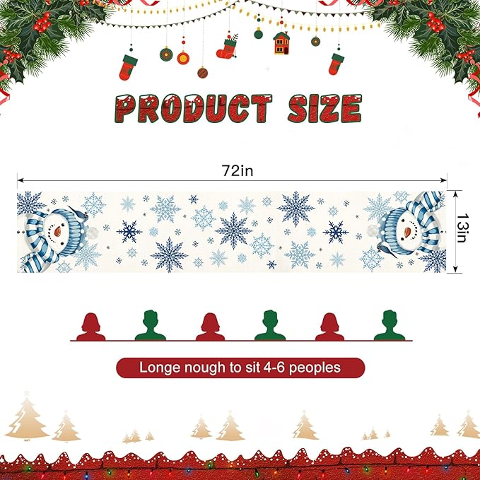 OTOSTAR Snowflakes and Blue Snowman Christmas Table Runner, Xmas Seasonal - Image 5