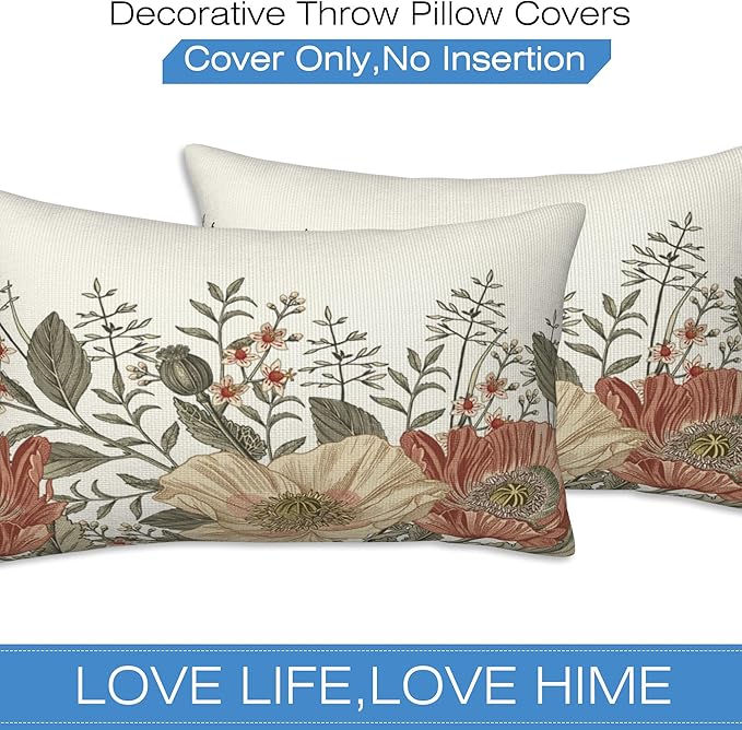 Vintage Poppy Flowers Throw Pillow Covers Set of 2 Blooming Flowers Pillow - Image 3