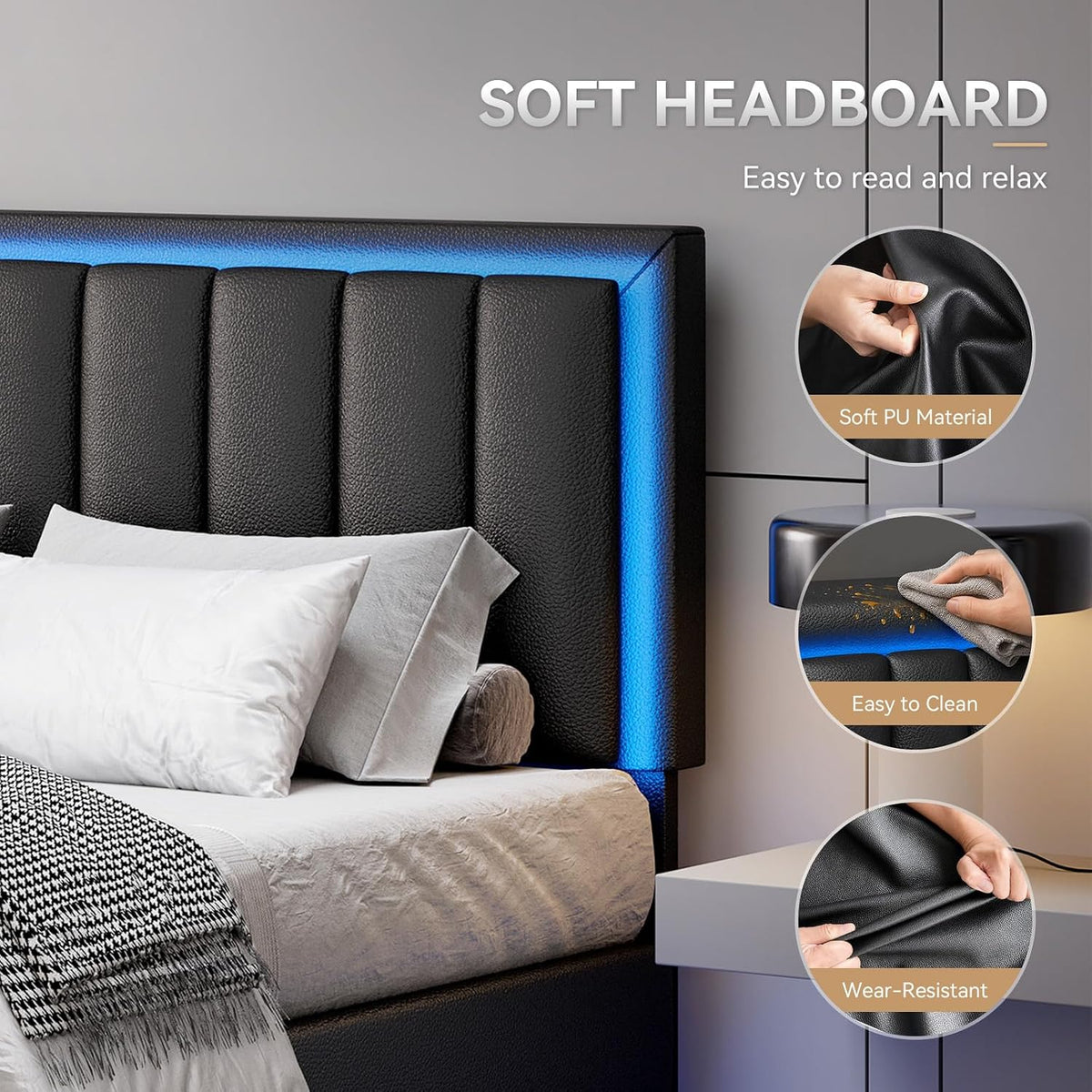 immerstable full size floating bed frame with led, side view
