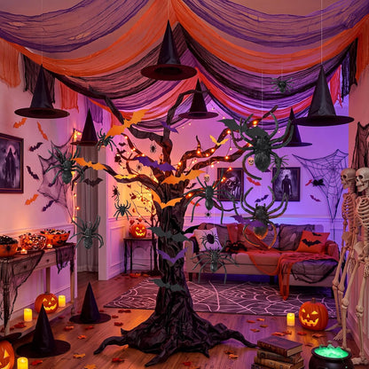 167 Pcs Halloween Themed Decorations, Spooky Halloween Classroom Party Decor Kit with Bats Stickers, Fake Spiders, Tulle Gauze, Witch Hats & Black Kraft Paper for Indoor Outdoor Party Decor