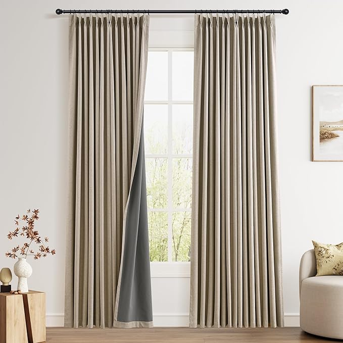 Pinch Pleated Linen 100% Blackout Curtains 84 Inch Length 2 Panels Insulated by Joywell