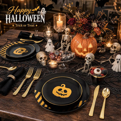 KIRE 25 Guest Halloween Plates Black Gold Plastic Plates Smiley Pumpkin include 50PCS Black &150PCS Gold Plastic Silverware&25PCS Clear Black Cups for Halloween Party