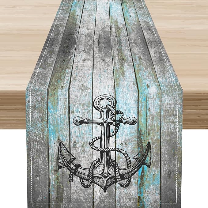 Nautical Anchor Table Runner, Retro Coastal Ship Anchor Wooden Plank Vintage by Unknown