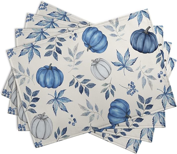 Blue Pumpkin Maple Leaves Fall Placemats Set of 4 Autumn Thanksgiving Harvest - Image 2