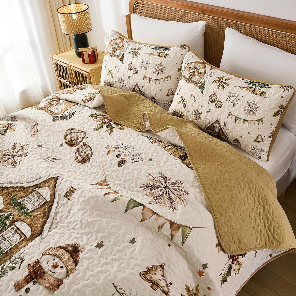 Djoymock Christmas Quilt Set Queen, Reversible Holiday Bedspread