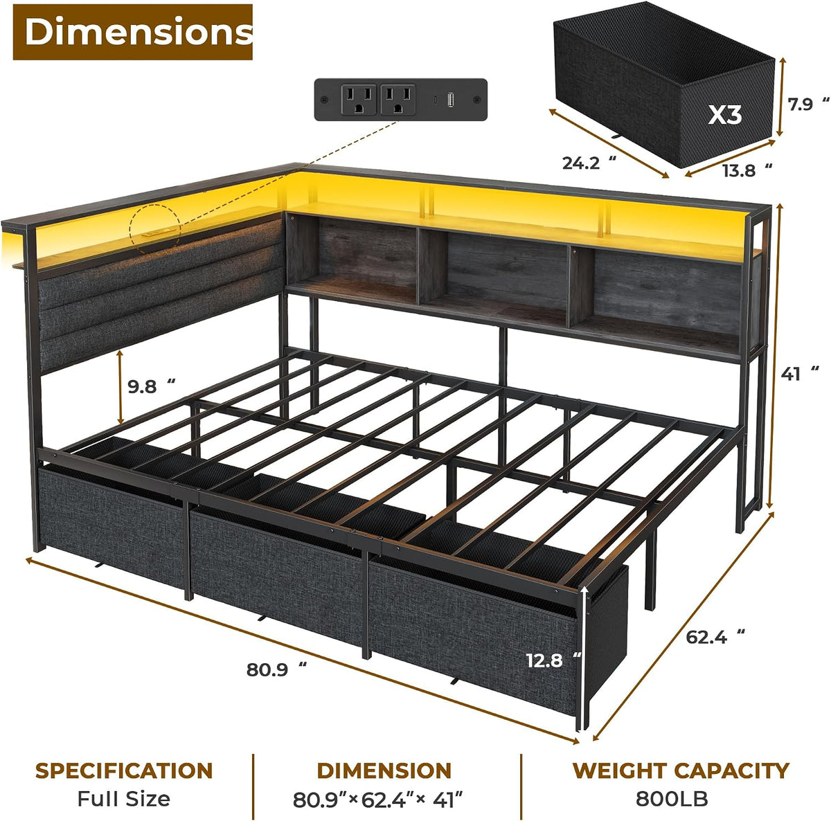 ourpic full corner bed frame with 3 storage shown in use