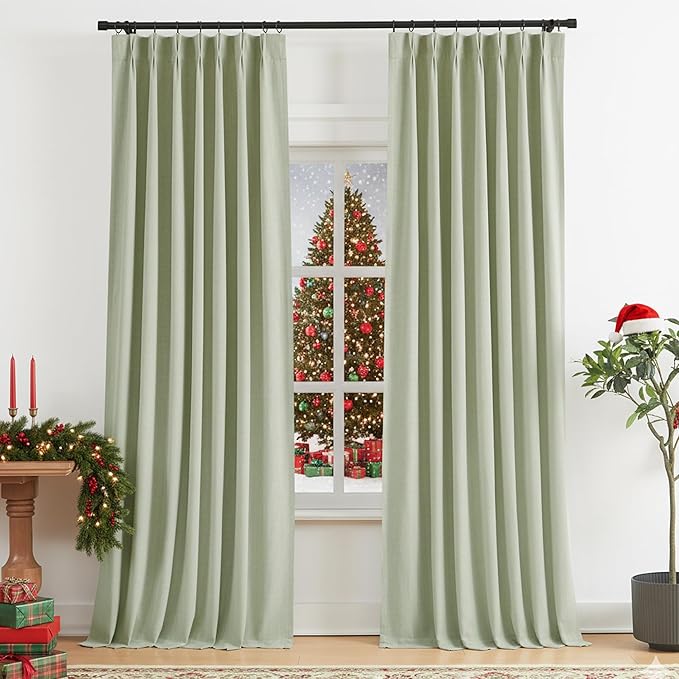 Vision Home Soft Green Pinch Pleated Full Blackout Curtains Linen Blended Room by VisionHome