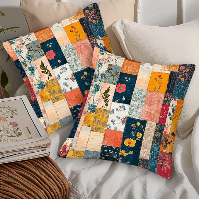 Floral Patchwork Style Pillow Covers 18x18 Set of 2 | Farmhouse Style - Image 5