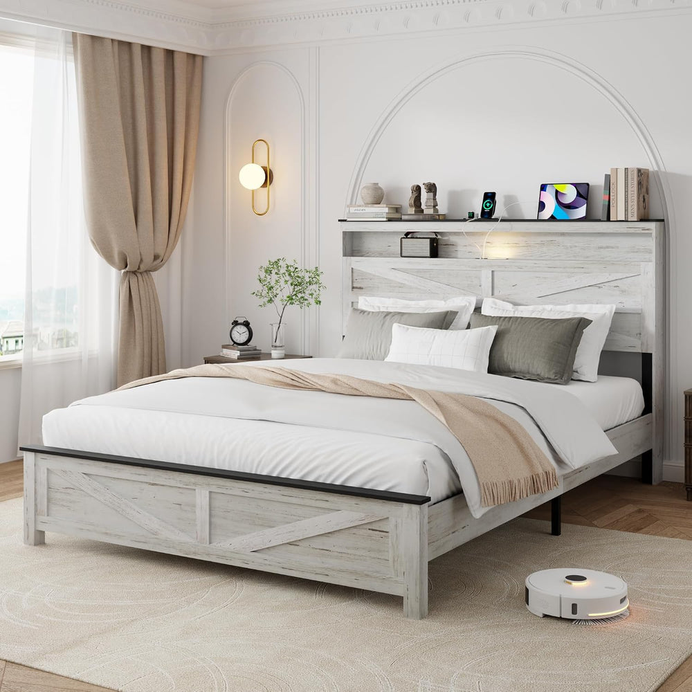 Full Size Bed Frame with Headboard, Rustic Farmhouse Wood Bed Frame with LED ...