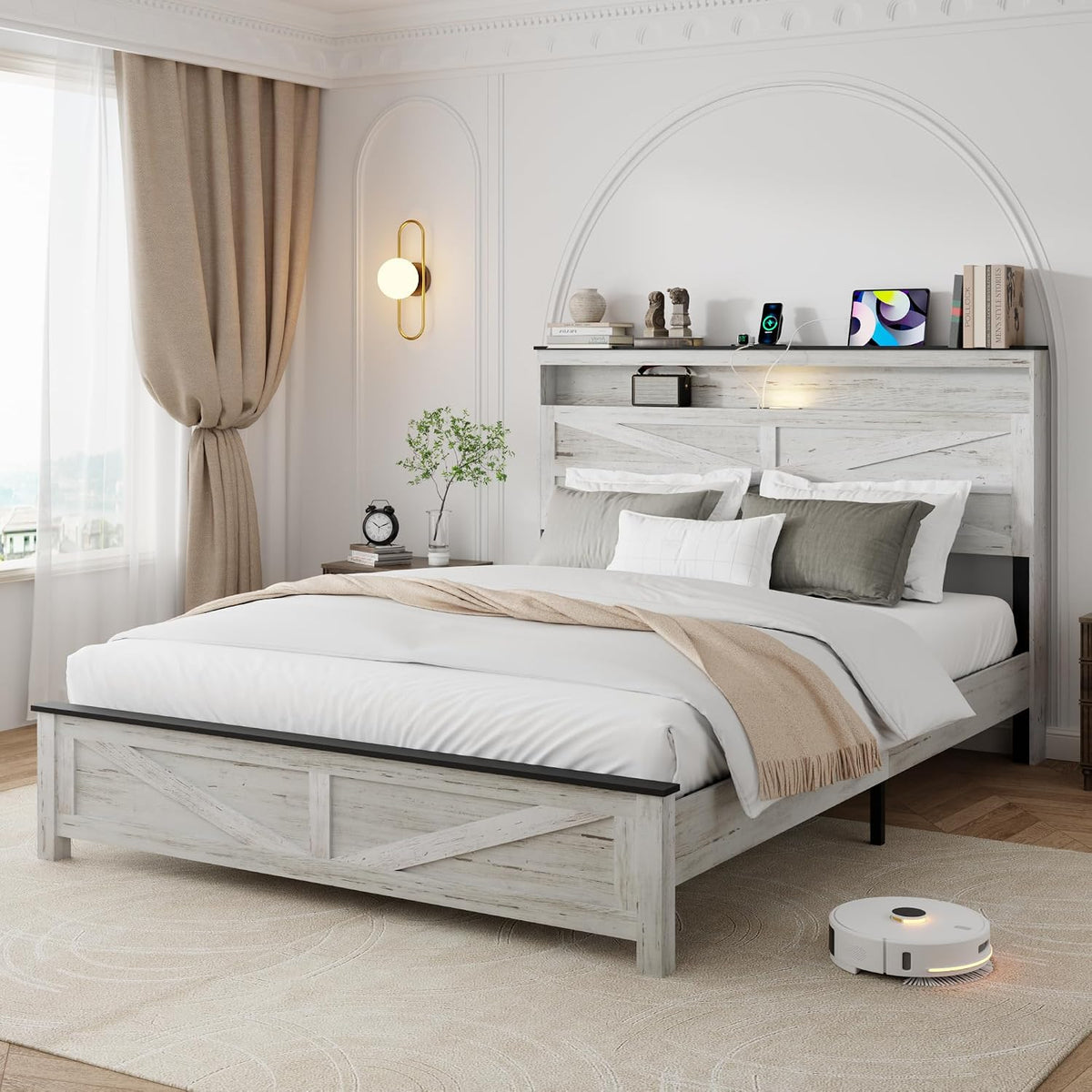 full size bed frame with headboard, rustic farmhouse, close-up detail