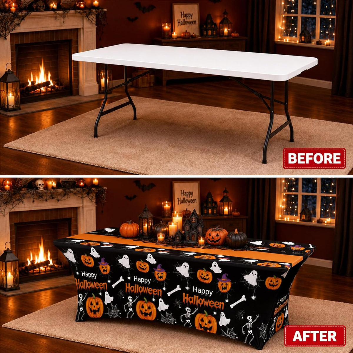 Moukeren 2 Pack Halloween Pumpkin Ghost Spandex Tablecloth 6ft Stretch Table Cloths Fitted Rectangular Table Cover Washable Spooky Skeleton Spider Web Cloth for Halloween Party Supplies Birthday Decor