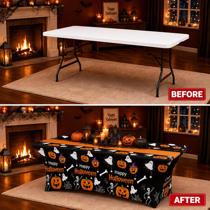 Moukeren 2 Pack Halloween Pumpkin Ghost Spandex Tablecloth 6ft Stretch Table Cloths Fitted Rectangular Table Cover Washable Spooky Skeleton Spider Web Cloth for Halloween Party Supplies Birthday Decor