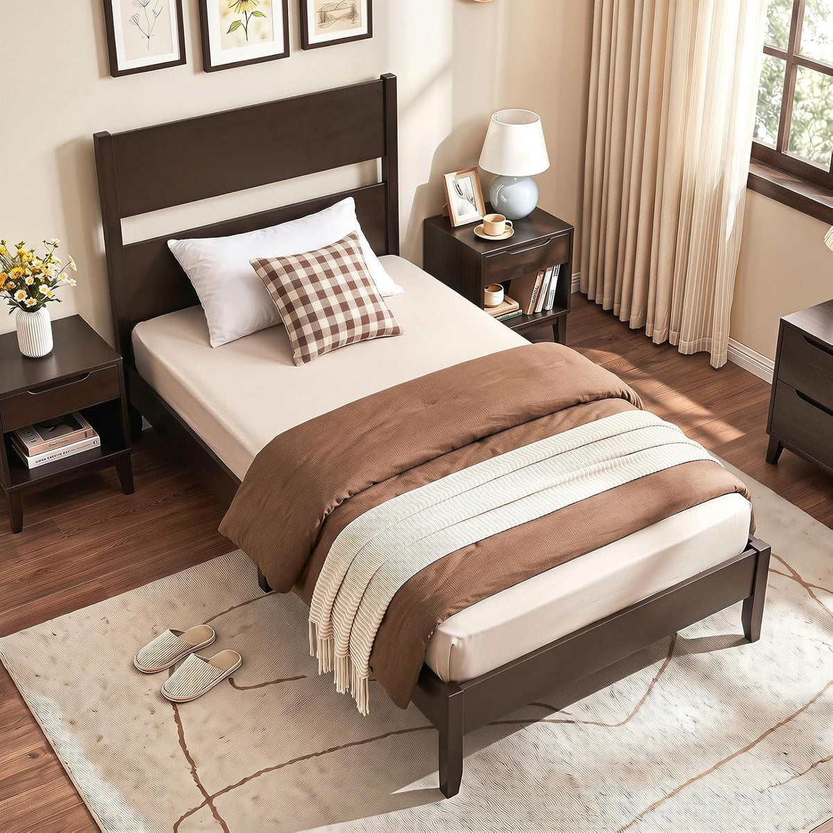 giantex twin size wooden bed frame with slatted, front angle view