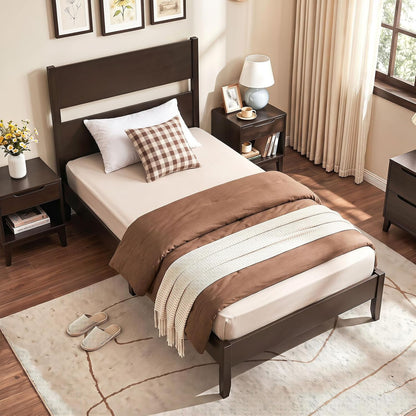 giantex twin size wooden bed frame with slatted, front angle view