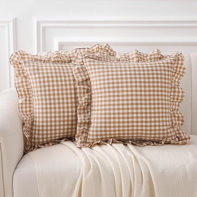 2 Pack Taupe White Plaid Ruffle Gingham Throw Pillow Covers, 100% Washed Cotton by KMASANIJI