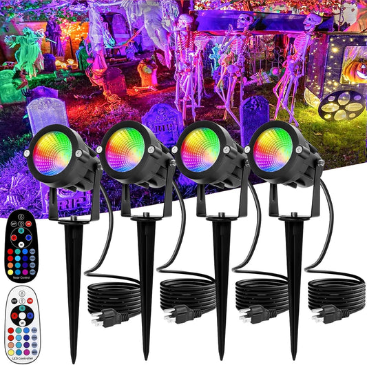 Halloween Spotlights Outdoor: RGBW LED Spot Light Plug in 120V Remote Control 16 Color Changing Landscape Spot Light for Yard Garden Outside Path Tree Christmas Décor, 4 Pack (RGB+Warm White)