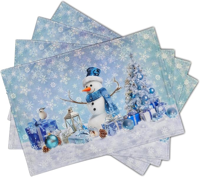 Giwawa Blue Snowman Placemats Set of 4 Christmas Trees Balls Winter Snowflakes - Image 2
