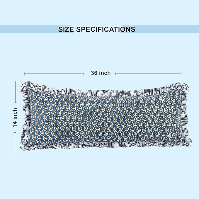 Ridhi Peacock Blue 100% Cotton Block Print Ruffle Lumbar Sham Cover Handmade - Image 6