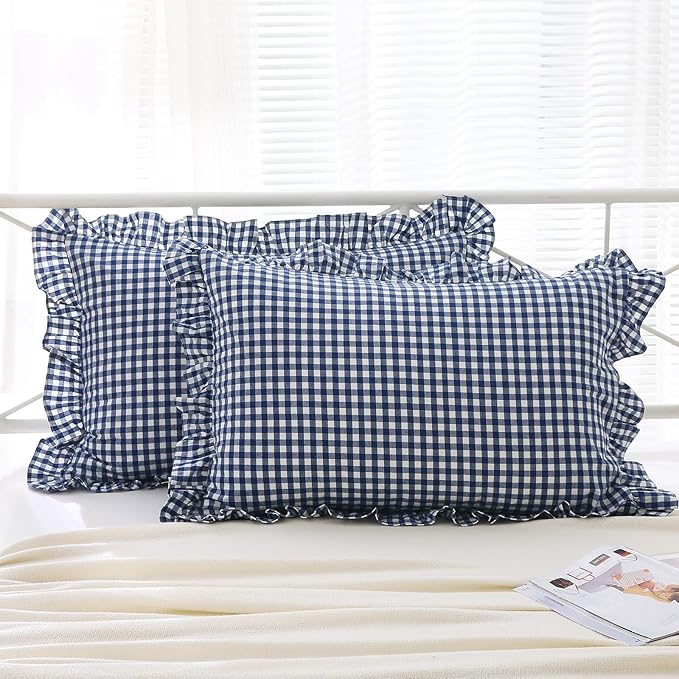 2 Pack Navy Blue White Plaid Ruffle Gingham Pillow Shams Standard Size by KMASANIJI
