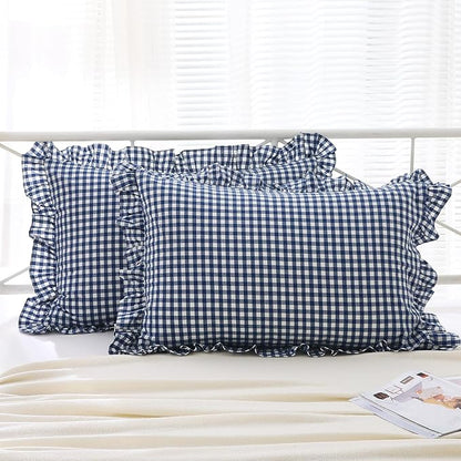 2 Pack Navy Blue White Plaid Ruffle Gingham Pillow Shams Standard Size by KMASANIJI