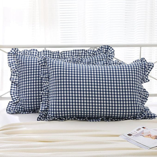 2 Pack Navy Blue and White Plaid Ruffle Gingham King Size Pillow Shams by KMASANIJI
