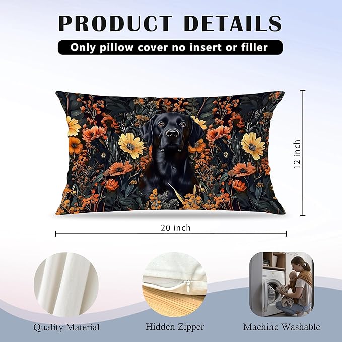 Moody Floral Black Labrador Retriever Pillow Covers 12x20 Set of 2, Dark - Image 5