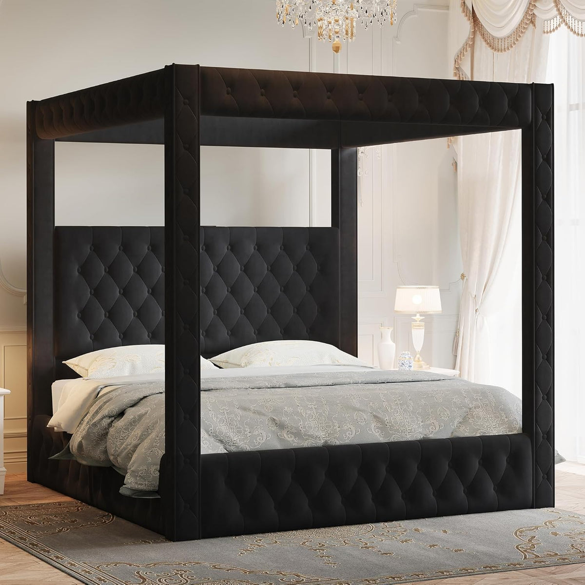 jocisland queen canopy bed frame velvet upholstered headboard, main product view