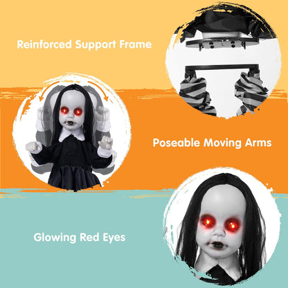 JOYIN Scary Halloween Decorations Outdoor, Black Zombie Girl Ghost Animatronics Decor with Sound Activated Sensor Glowing LED Eyes for Garden Lawn Yard Haunted House Terror Home Party Supplies