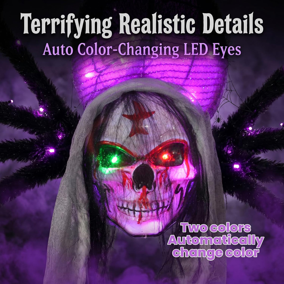 52" Halloween Giant Skull Face Spider, Lighted Outdoor Decoration with Flashing Red & Green Eyes, 70 LED Glowing Spider for Yard, Lawn, Porch, Haunted House Decor (52" Floor-Standing)