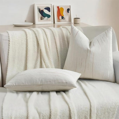HAUSSY Cream Throw Pillow Covers 22x22 Inch Set of 2, Boho Embossed Striped - Image 5