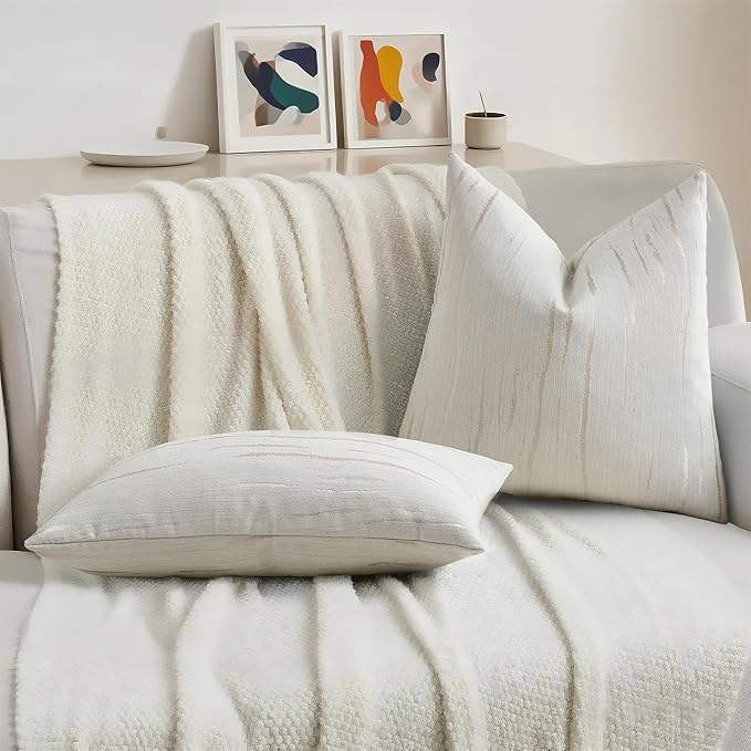 HAUSSY Cream Throw Pillow Covers 18x18 Inch Set of 2, Boho Embossed Striped - Image 5