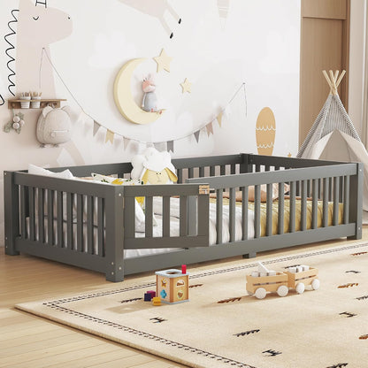 twin size montessori floor bed with door, slats, main product view