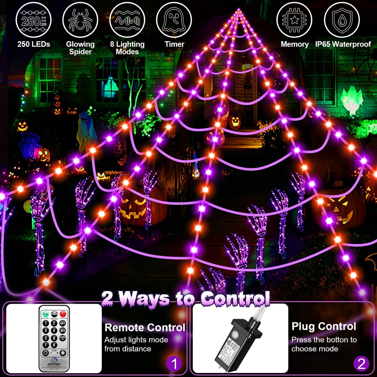Halloween Decorations Outdoor, 250 LED Halloween Giant Spider Web Lights, 200" Lighted Spiderweb Light up with 8 Modes for Yard Haunted House Decor, Remote Control Lighted Spider Dark Purple Orange