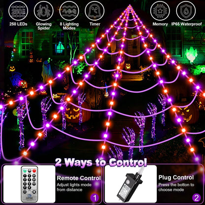 Halloween Decorations Outdoor, 250 LED Halloween Giant Spider Web Lights, 200" Lighted Spiderweb Light up with 8 Modes for Yard Haunted House Decor, Remote Control Lighted Spider Dark Purple Orange